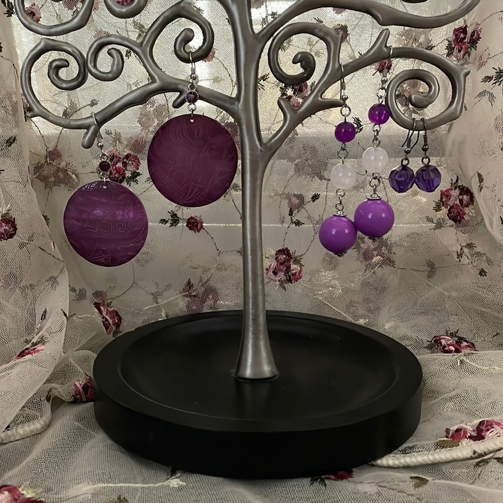 Set of 3 purple dangling earrings. Pierced.